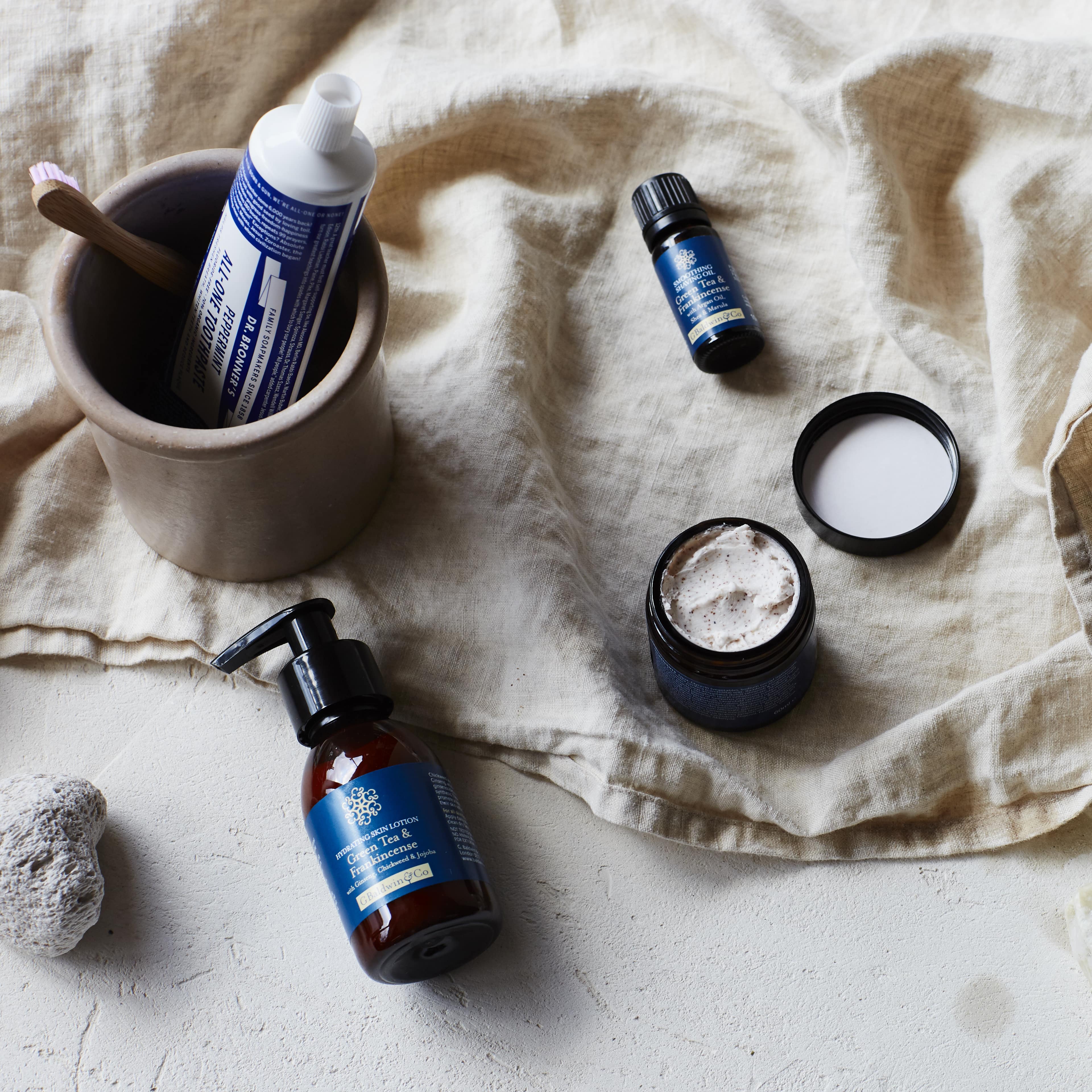 Mens products laid out.