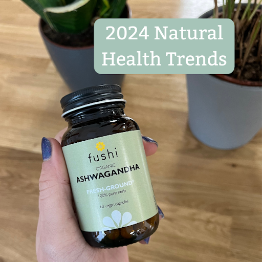 Hand holding a bottle of Fushi Ashwagandha supplements