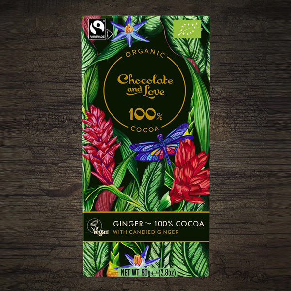 Chocolate & Love 100% Cocoa Extra Dark Chocolate with Candied Ginger 80g