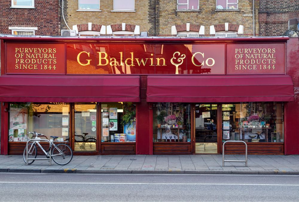 Image of G Baldwin & Co storefront, purveyors of natural products since 1844