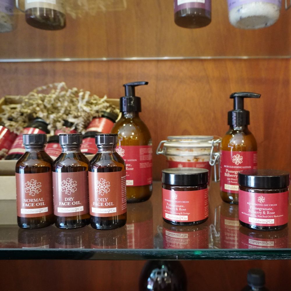 Baldwins organic skincare products on display in store.