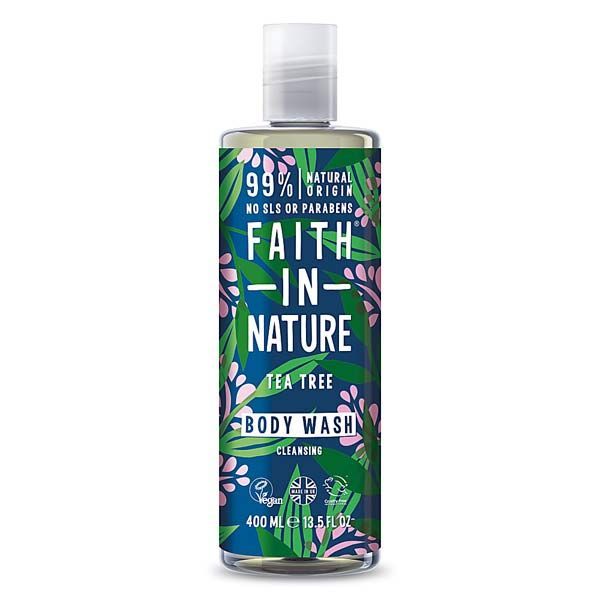  A transparent bottle with a white flip-top lid, containing "Faith in Nature Tea Tree Body Wash," featuring a leafy and floral design, marked as 99% natural and vegan, in a 400ml size. The bottle is set against a plain background.