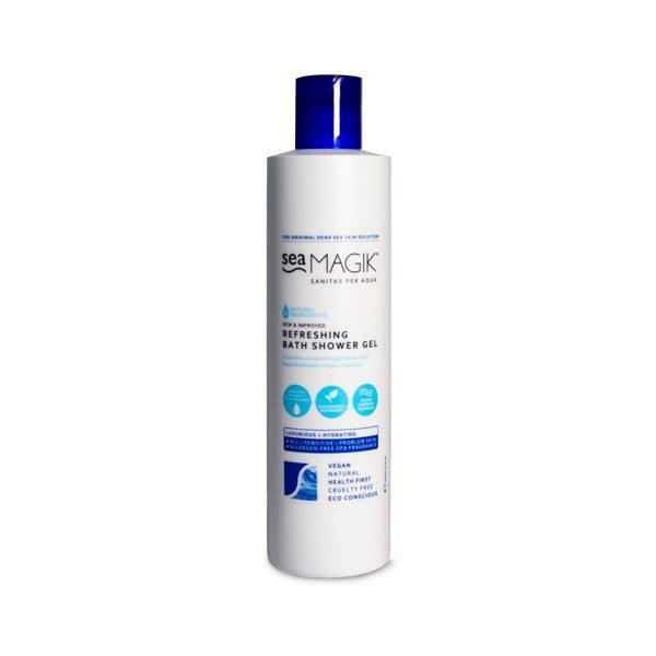 A tall, white cylindrical bottle with a royal blue cap, labelled "sea MAGIK Refreshing Bath Shower Gel". It features branding that includes vegan and eco-conscious badges and is described as 3-in-1 mineral hydration therapy, in a 300ml size, against a plain background.