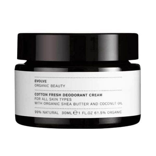  Black jar of Evolve Organic Beauty Cotton Fresh Deodorant Cream for all skin types, featuring organic shea butter and coconut oil, 99% natural ingredients, in a 30ml container.