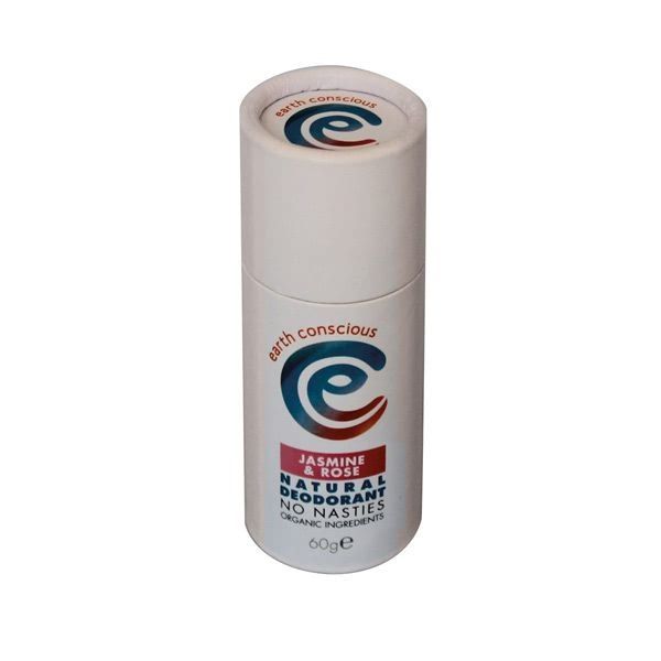  A white stick deodorant container with "earth conscious JASMINE & ROSE NATURAL DEODORANT" and "No nasties, organic ingredients" on the label, weight marked as 60g. The branding includes a blue and red swirled logo, set against a neutral background.
