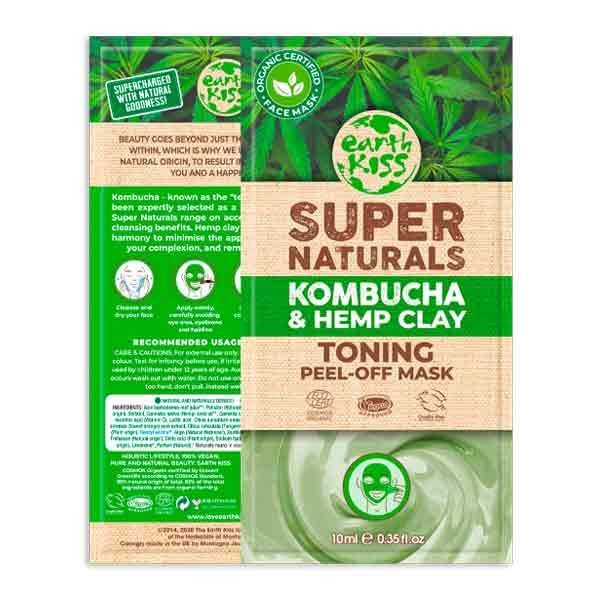  A sachet of Earth Kiss Super Naturals Kombucha & Hemp Clay Toning Peel-Off Mask, with green branding and an image of hemp leaves in the background. The packaging indicates 10ml volume and highlights its organic certification.