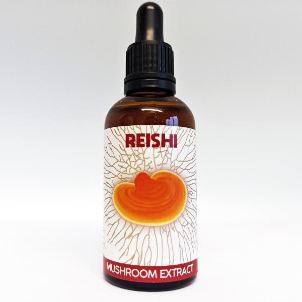  A bottle of REISHI mushroom extract tincture, with a dropper cap. The label showcases a vibrant illustration of a reishi mushroom against a background of branching patterns, possibly hinting at the mushroom's intricate mycelium network.
