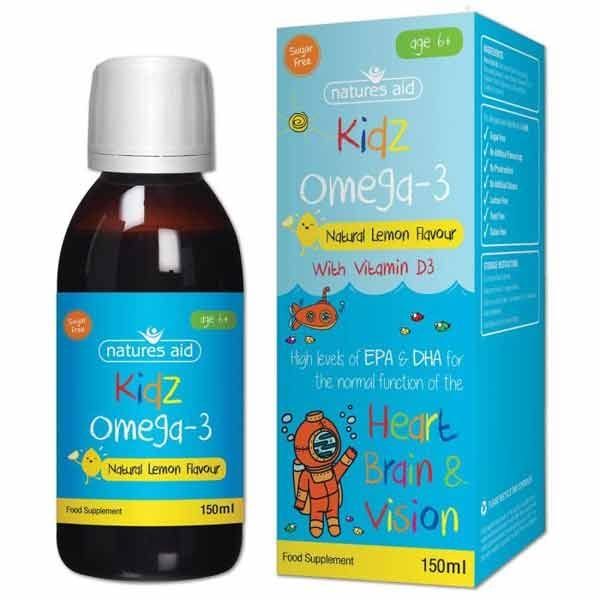  Bottle of Natures Aid Kidz Omega-3 with natural lemon flavour and vitamin D3, supporting heart, brain, and vision, sugar free, suitable for ages 6+, 150ml, with packaging.