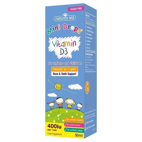 Bottle of Natures Aid Mini Drops Vitamin D3 for infants and children from newborn to 5 years, sugar-free, 400iu per 1ml, bone and teeth support, 50ml food supplement.