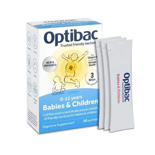 Box and sachets of Optibac Probiotics for Babies & Children, a digestive supplement for 0-12 years with 3 billion friendly bacteria, vitamin D3 for immune health, 10 sachets.