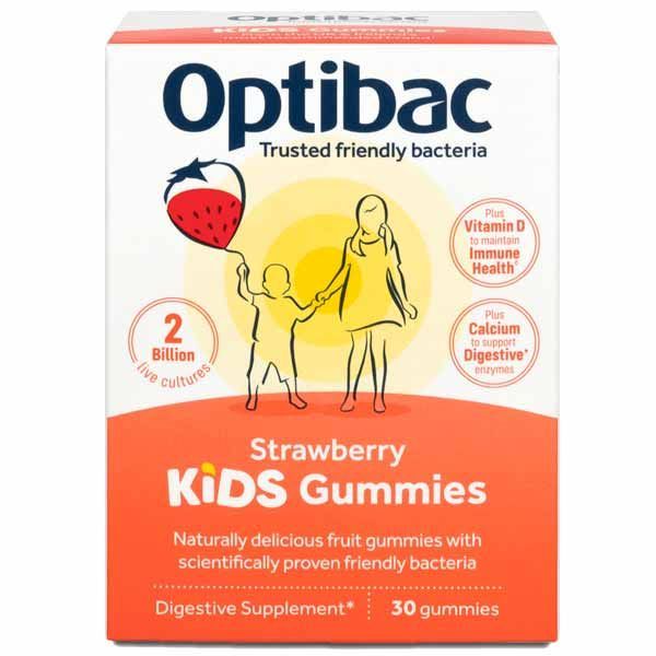 Box of Optibac Strawberry Kids Gummies, digestive supplement with 2 billion friendly bacteria, vitamin D to maintain immune health, plus calcium, 30 chewable gummies.