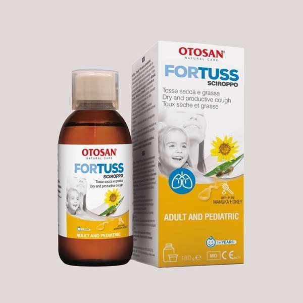  Bottle of Otosan Fortuss Cough Syrup with Manuka honey, for dry and productive cough, suitable for adults and children, 180 g, next to its packaging.