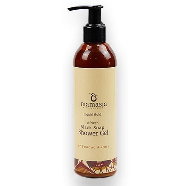  A tall amber bottle with a black pump dispenser, labelled "mamasia Liquid Gold African Black Soap Shower Gel with Baobab & Oats". The label has a cream background with decorative African-inspired motifs at the base, in a 250ml size, presented against a neutral background.