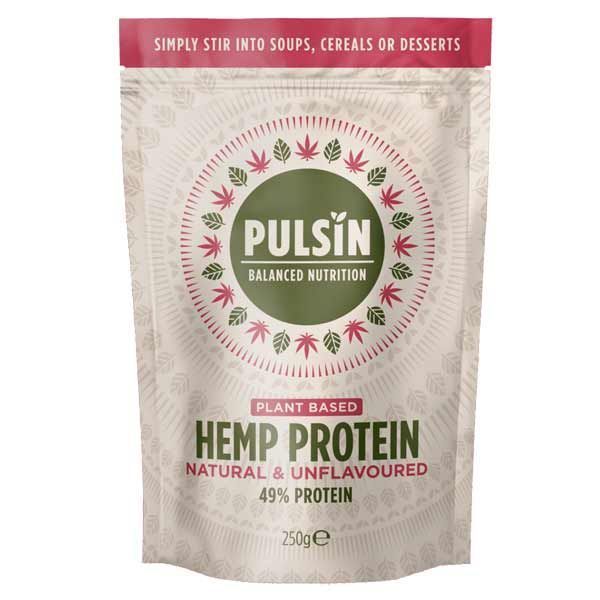 Pulsin plant-based Hemp Protein, natural and unflavoured, containing 49% protein, in a 250g package with instructions to stir into soups, cereals, or desserts.