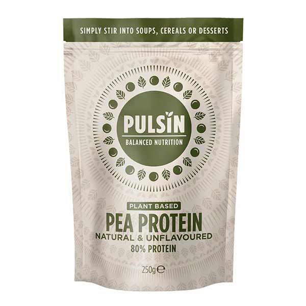  Pulsin plant-based Pea Protein, natural and unflavoured, with 80% protein, in a 250g package, ideal for adding to soups, cereals, or desserts.