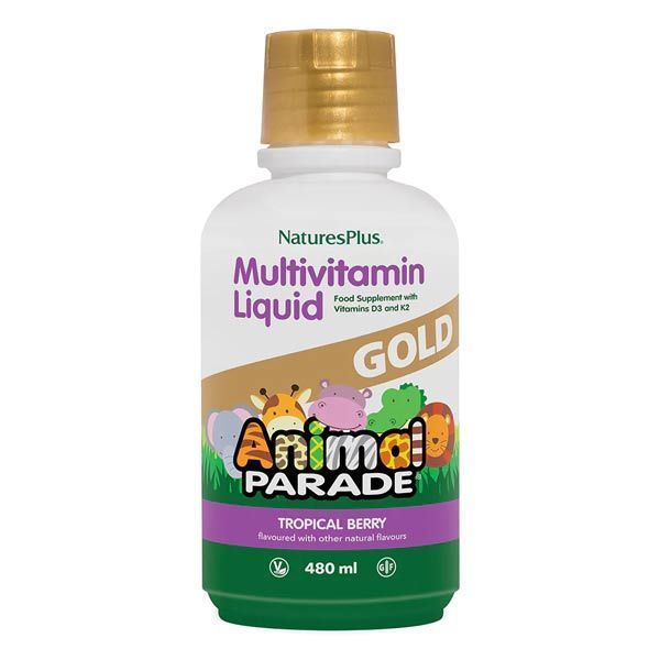  Bottle of NaturesPlus Animal Parade Gold Multivitamin Liquid in Tropical Berry flavour, a food supplement with vitamins D3 and K2, 480 ml.