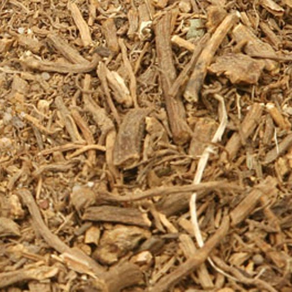 A close-up of a dried Valerian Root herbal mixture with varying shades of brown, showing a blend of chopped roots and bark. The texture suggests a coarse grind, typically used for making herbal teas or extracts.