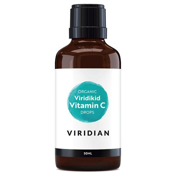 Bottle of Viridian Organic Viridikid Vitamin C Drops, 50ml, for immune support in children.