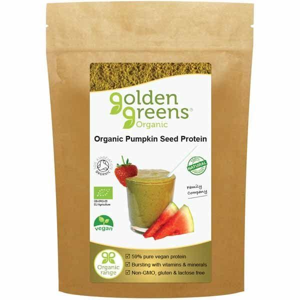 Packet of Golden Greens Organic Pumpkin Seed Protein, 59% pure vegan protein, certified organic, non-GMO, gluten and lactose-free, part of their natural organic range.